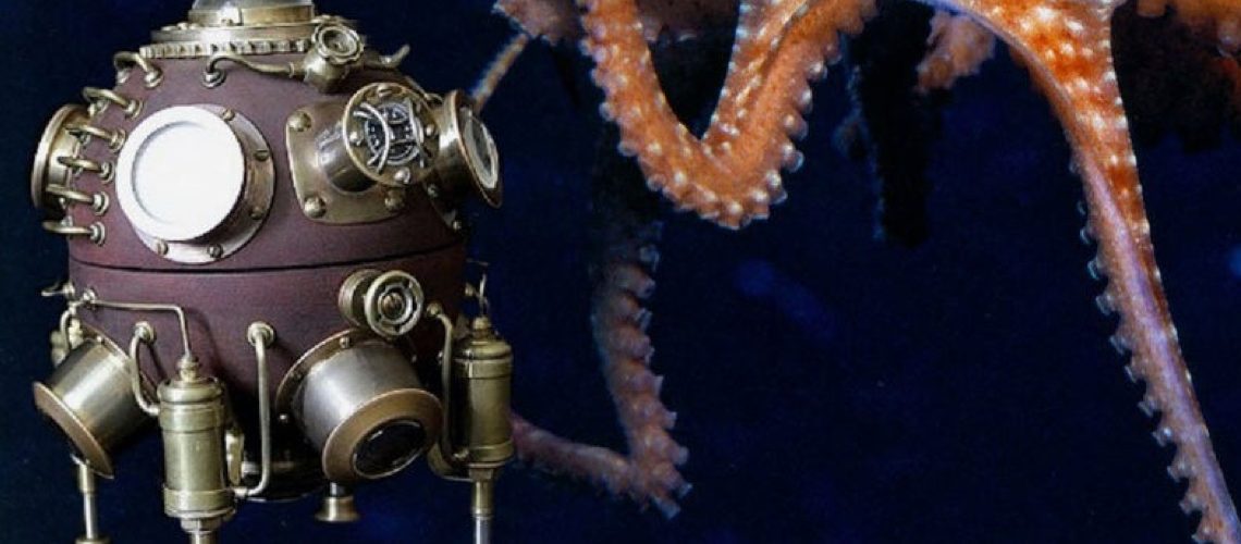 Steampunk Lamp "Batisfera" Submarine Diving Bell. feather