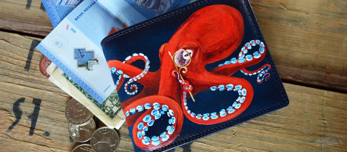 Hand-Painted Leather Steampunk Octopus Wallet.